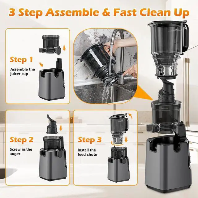 Alt view image 7 of 7 - Juicer Machines with 5.8" Large Feed Chute, Cold Press Juicer For Whole Vegetables and Fruits, 400W Professional Slow Masticating juicer Easy to Clean for Batch Juicing (Titanium Gray)