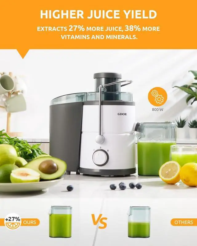 Alt view image 2 of 7 - GDOR 800W Juicer Machine, 3 Wide Feed Chute, Dual-Speed Centrifugal Juicer for Fruits & Vegetables, Anti-Drip Function, BPA-Free, Easy to Clean with Brush, White