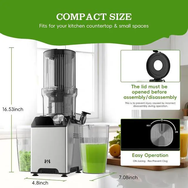 Alt view image 5 of 7 - Cold Press Juicer, Juicer Machines with 4.35'' Wide Feed Chute, Stainless Steel Masticating Juicers Easy to Clean, Ergonomic Operational Panel Design, High Juice Yield, Platinum Color Knob