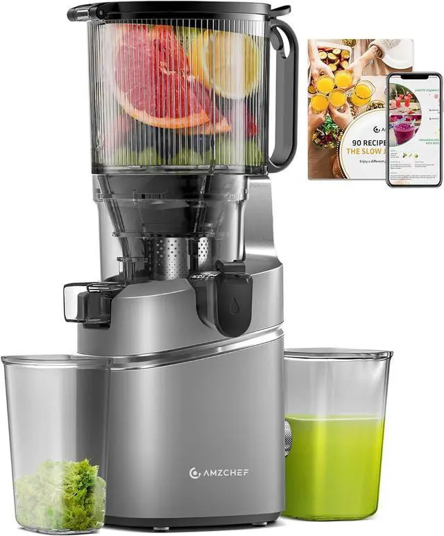 Main image of AMZCHEF Juicer Machines, 5.8" Extra Self-Feeding Cold Press Juicer for Whole Vegetable & Fruit, Juice Extractor Machine with Large Auger & Triple Strainers, Easy to Clean, High Juice Yield, Grey