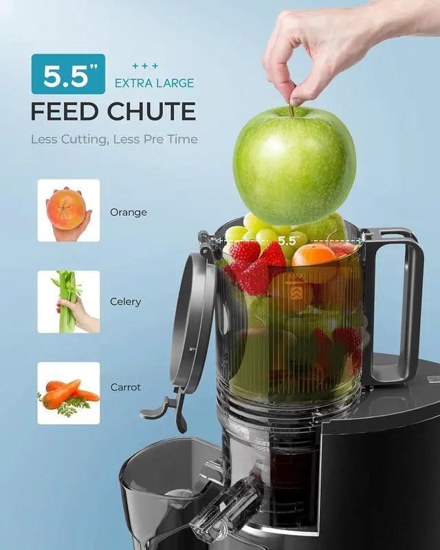 Alt view image 2 of 7 - Cold Press Juicer, EUHOMY 5.5" Extra Large Feed Chute Slow Masticating Juicer, 250W Juicer Machines, 99.6% High Juice Yield, Easy to clean, Reverse Function, for Whole Vegetables & Fruits. Black