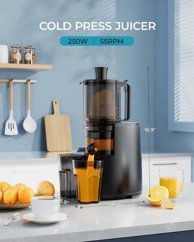 Alt view image 5 of 7 - Cold Press Juicer, EUHOMY 5.5" Extra Large Feed Chute Slow Masticating Juicer, 250W Juicer Machines, 99.6% High Juice Yield, Easy to clean, Reverse Function, for Whole Vegetables & Fruits. Black