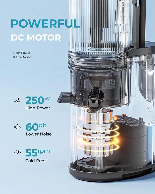 Alt view image 6 of 7 - Cold Press Juicer, EUHOMY 5.5" Extra Large Feed Chute Slow Masticating Juicer, 250W Juicer Machines, 99.6% High Juice Yield, Easy to clean, Reverse Function, for Whole Vegetables & Fruits. Black