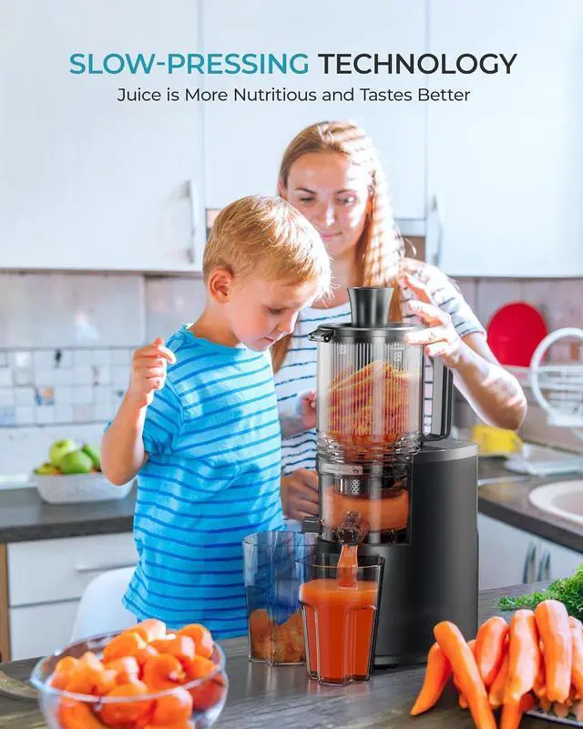 Alt view image 7 of 7 - Cold Press Juicer, EUHOMY 5.5" Extra Large Feed Chute Slow Masticating Juicer, 250W Juicer Machines, 99.6% High Juice Yield, Easy to clean, Reverse Function, for Whole Vegetables & Fruits. Black