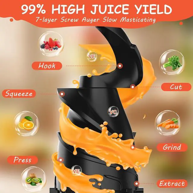 Alt view image 3 of 7 - Hobsir Juicer Machines, 5.3-Inch Cold Press Juicers, Masticating Slow Juicer Machine with 300W, Large Feed Chute Juice Machines for Vegetables and Fruits, Easy to Clean Juicers Magic, Black