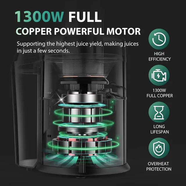 Alt view image 2 of 7 - 1300W KOIOS Centrifugal Juicer Machines, Juice Extractor with Extra Large 3inch Feed Chute, Full Copper Motor, Titanium-Plated Filter, High Juice Yield, 3 Speeds Mode,Easy to Clean with Brush,BPA-Free