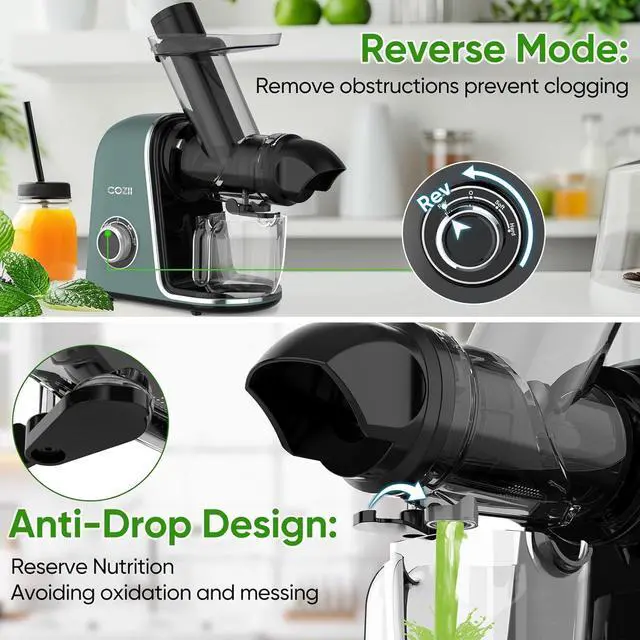 Alt view image 4 of 7 - COZII Cold Press Juicer,Non-Clog Slow Masticating Juicer Soft/hard Mode & Quiet Motor,3.6 Inch Large Feed Chute For Vegetable and Fruit,Easy to Clean Juicer Machines,Dishwasher Safe,High Juice Yield