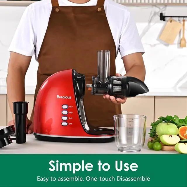 Alt view image 4 of 7 - Slow Masticating Juicer,Brecious Cold Press Juicers with 2 Speed Modes & Quiet Motor,Juicers Machines Vegetable and Fruit with Reverse Function,Celery Juicer,BPA-Free,Easy to Clean (Red