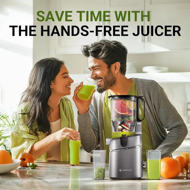 Alt view image 5 of 7 - AMZCHEF Juicer Machines, 5.3" Extra Self-Feeding Cold Press Juicer for Whole Vegetable & Fruit, Juice Extractor Machine with Large Auger & Triple Strainers, Easy to Clean, High Juice Yield, Grey