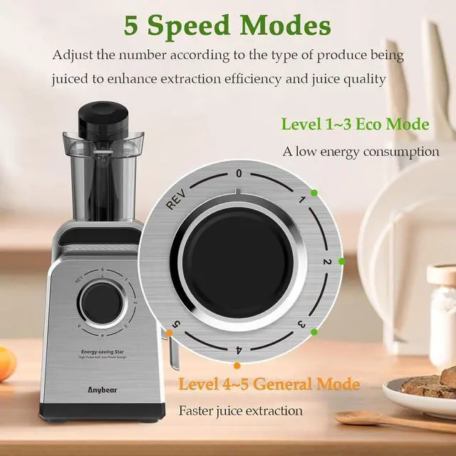 Alt view image 5 of 7 - Masticating Juicer Machines, 3.5" Large Feed Chute Cold Press Juicer Fit Whole Fruits Vegetables with Quiet Motor | 5 Speed Modes | Easy to Clean with Brush | BPA Free