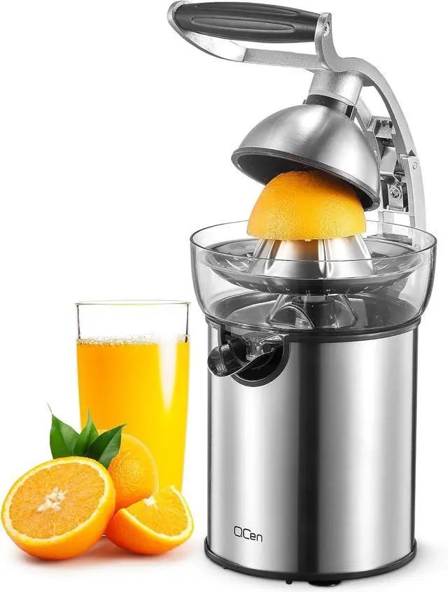 Main image of QCen Electric Citrus Juicer Squeezer, Electric Juicer for Orange, Lemon and Limes with Rubber Handle and Two Size Cones, Anti-Drip Spout, Easy to Clean and Use, BPA Free, Black/Stainless Steel