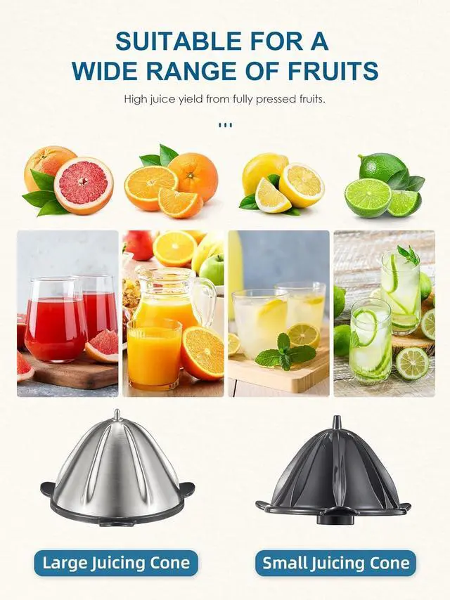 Alt view image 2 of 7 - QCen Electric Citrus Juicer Squeezer, Electric Juicer for Orange, Lemon and Limes with Rubber Handle and Two Size Cones, Anti-Drip Spout, Easy to Clean and Use, BPA Free, Black/Stainless Steel