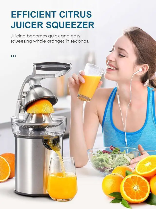 Alt view image 3 of 7 - QCen Electric Citrus Juicer Squeezer, Electric Juicer for Orange, Lemon and Limes with Rubber Handle and Two Size Cones, Anti-Drip Spout, Easy to Clean and Use, BPA Free, Black/Stainless Steel