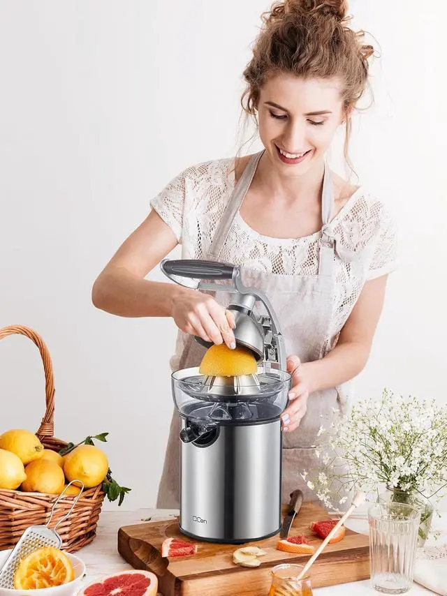 Alt view image 7 of 7 - QCen Electric Citrus Juicer Squeezer, Electric Juicer for Orange, Lemon and Limes with Rubber Handle and Two Size Cones, Anti-Drip Spout, Easy to Clean and Use, BPA Free, Black/Stainless Steel