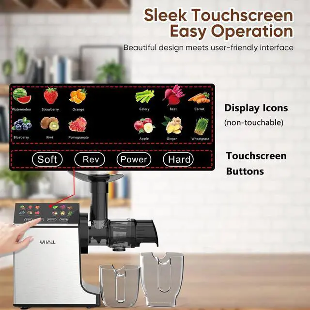 Alt view image 6 of 6 - whall Masticating Slow Juicers, Juicer Machines, Cold Press Juicers, Professional Stainless Juice Machines for Vegetable and Fruit, Touchscreen Cold Press Juicer with 2 Speed Modes, Easy Clean,Grey