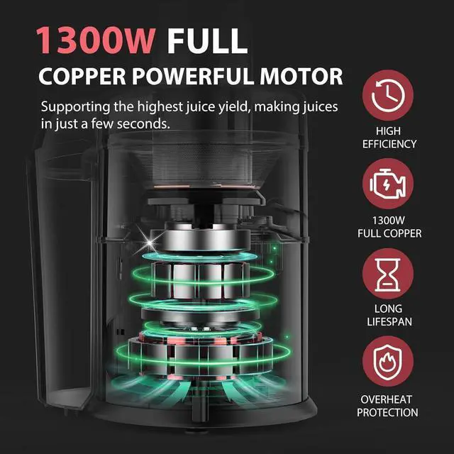 Alt view image 2 of 7 - 1300W KOIOS Centrifugal Juicer Machines, Juice Extractor with Extra Large 3inch Feed Chute, Full Copper Motor, Titanium-Plated Filter, High Juice Yield, 3 Speeds Mode, Brush included, Non-BPA, Red