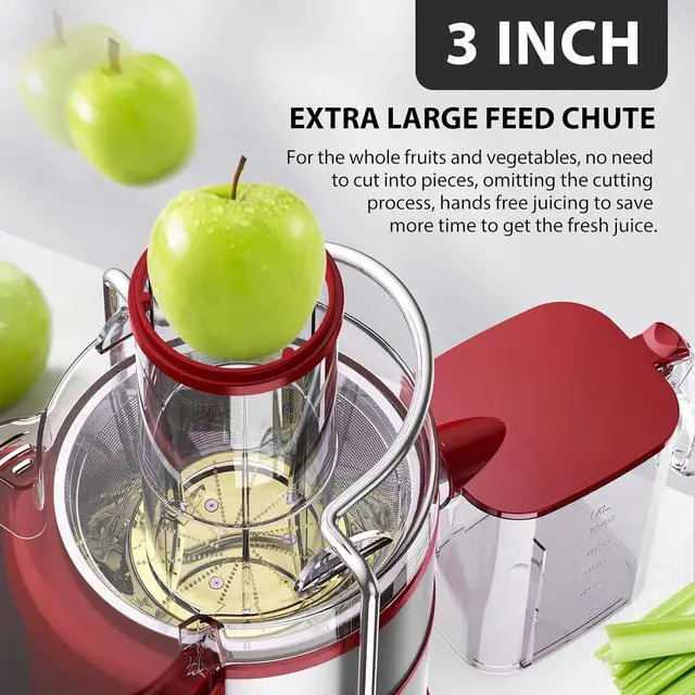 Alt view image 3 of 7 - 1300W KOIOS Centrifugal Juicer Machines, Juice Extractor with Extra Large 3inch Feed Chute, Full Copper Motor, Titanium-Plated Filter, High Juice Yield, 3 Speeds Mode, Brush included, Non-BPA, Red