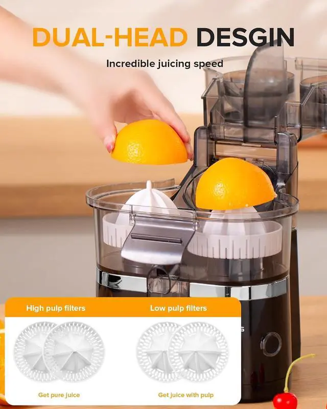 Alt view image 2 of 7 - Dual-Head Electric Citrus Juicer, Lemon Squeezer with Power Cord and Cleaning Brush, 1-Button Automatic Juicer Machine for Orange, Lemon, Lime, Easy to Clean & Use, Built-in Cutter(Black)