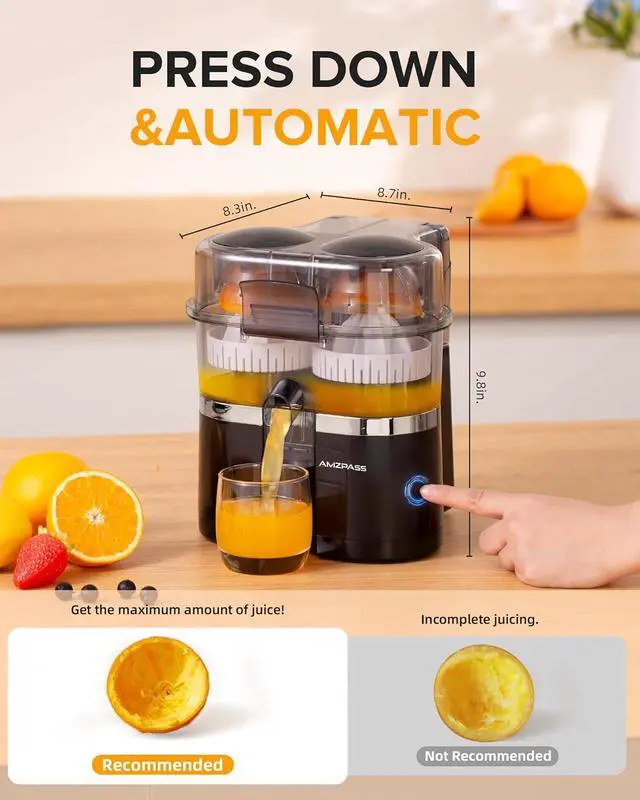 Alt view image 3 of 7 - Dual-Head Electric Citrus Juicer, Lemon Squeezer with Power Cord and Cleaning Brush, 1-Button Automatic Juicer Machine for Orange, Lemon, Lime, Easy to Clean & Use, Built-in Cutter(Black)
