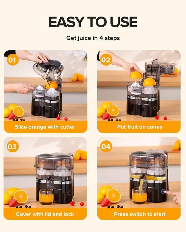 Alt view image 5 of 7 - Dual-Head Electric Citrus Juicer, Lemon Squeezer with Power Cord and Cleaning Brush, 1-Button Automatic Juicer Machine for Orange, Lemon, Lime, Easy to Clean & Use, Built-in Cutter(Black)