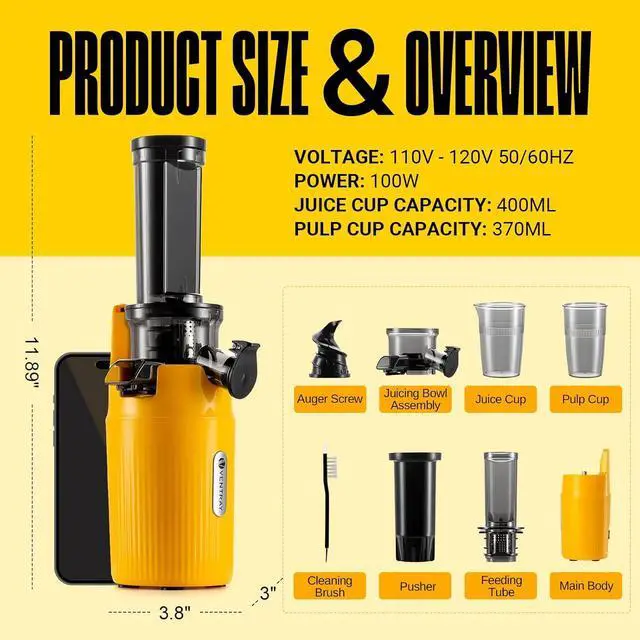 Alt view image 2 of 7 - Ventray Ginnie Mini Cold Press Juicer, Small Slow Masticating Juicer for Vegetables and Fruits, High Juice Yield, Easy to Clean, Space-Saving, Fit for Personal/Travel/Picnic/Office - Yellow