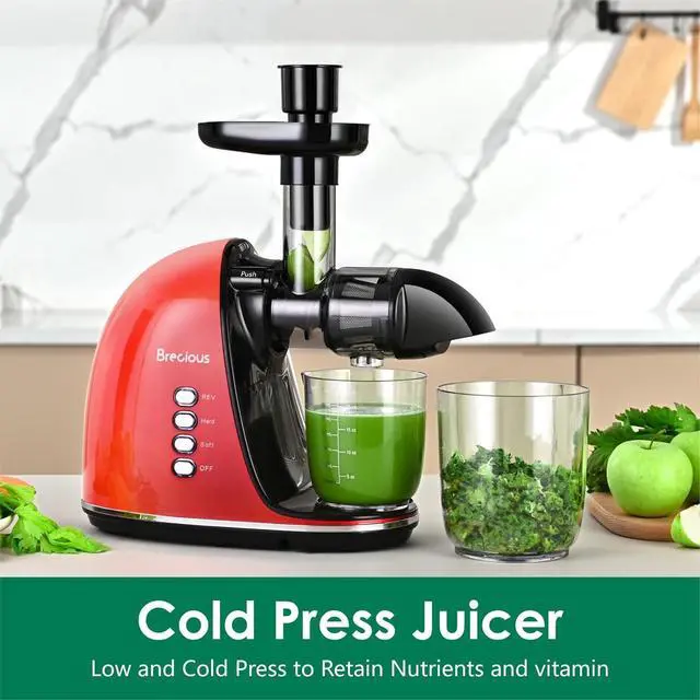 Alt view image 2 of 7 - Slow Masticating Juicer,Brecious Cold Press Juicers with 2 Speed Modes & Quiet Motor,Juicers Machines Vegetable and Fruit with Reverse Function,Celery Juicer,BPA-Free,Easy to Clean (Red