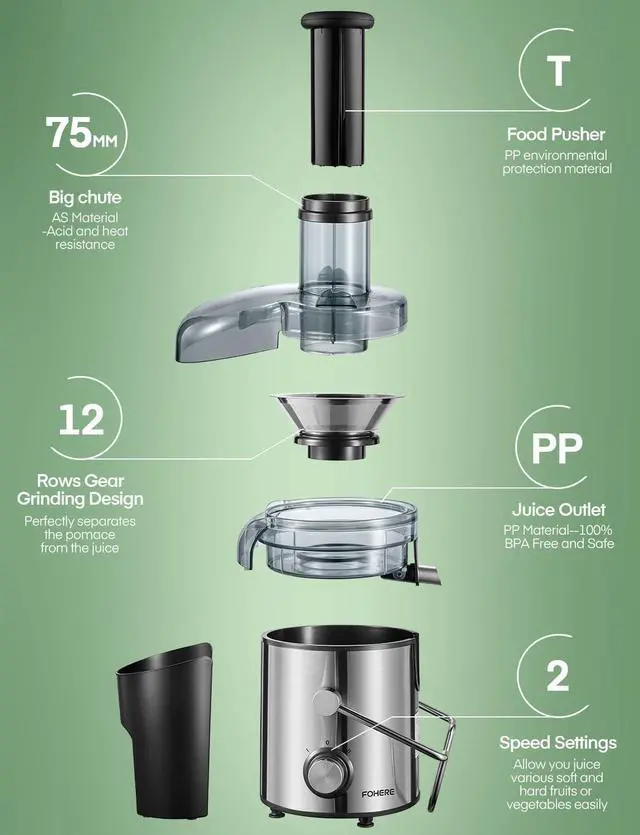 Alt view image 6 of 7 - Juicer Machines, FOHERE 1000W Juicer Whole Fruit and Vegetables, Quick Juicing Easy to Clean, 75MM Large Feed Chute, Dual Speed Setting and Non-Slip Feet, Silver