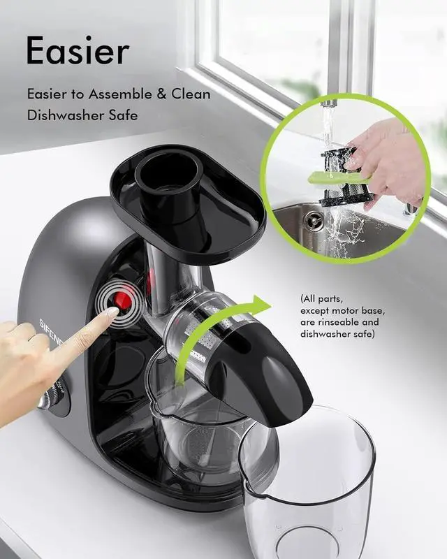 Alt view image 7 of 7 - Cold Press Juicer, SiFENE Slow Masticating Juicer Machines for Fruit Vegetable, Juice Yield Maker Extractor with Quiet Motor Anti-Clog System, Easy to Clean, Gray