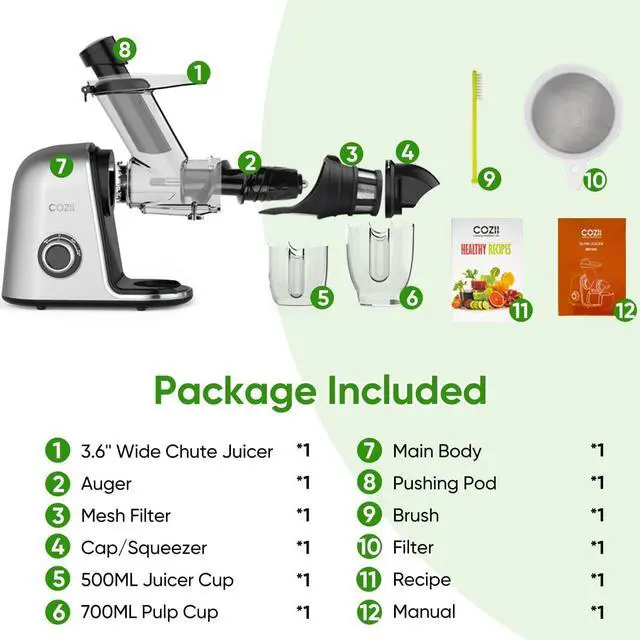 Alt view image 6 of 7 - COZII Cold Press Juicer Machines,Slow Masticating Juicer Extractor Soft/hard Mode, 3.6" Large Feed Chute For Vegetable and Fruit, Easy to Clean Juicer, Quiet Motor, High Juice Yield