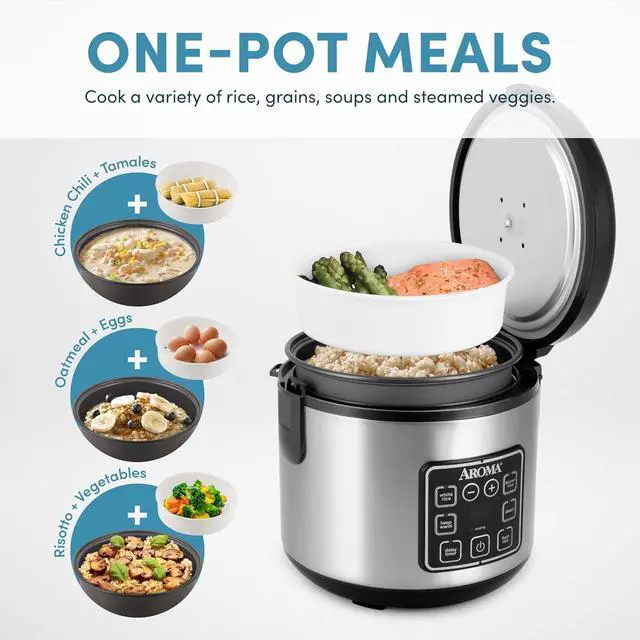 Alt view image 2 of 7 - AROMA Digital Rice Cooker, 4-Cup (Uncooked) / 8-Cup (Cooked), Steamer, Grain Cooker, Multicooker, 2 Qt, Stainless Steel Exterior, ARC-914SBD