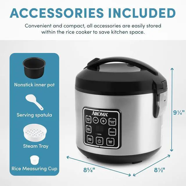 Alt view image 3 of 7 - AROMA Digital Rice Cooker, 4-Cup (Uncooked) / 8-Cup (Cooked), Steamer, Grain Cooker, Multicooker, 2 Qt, Stainless Steel Exterior, ARC-914SBD