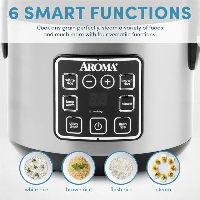 Alt view image 4 of 7 - AROMA Digital Rice Cooker, 4-Cup (Uncooked) / 8-Cup (Cooked), Steamer, Grain Cooker, Multicooker, 2 Qt, Stainless Steel Exterior, ARC-914SBD