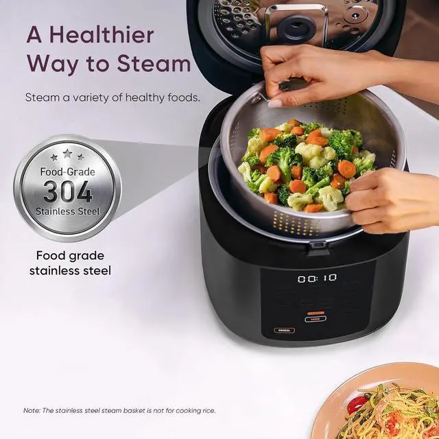 Alt view image 4 of 7 - COSORI Rice Cooker 10 Cup, 24h Keep Warm, 18 Functions Fuzzy Logic Rice Maker with Stainless Steel Steamer Basket, Sauté, Slow Cooker, Black