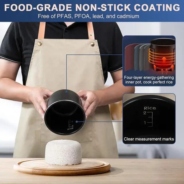 Alt view image 5 of 7 - Bear Mini Rice Cooker 2 Cups Uncooked, 1.2L Portable Non-Stick Small Travel Rice Cooker, BPA Free, One Button to Cook and Keep Warm Function, Blue