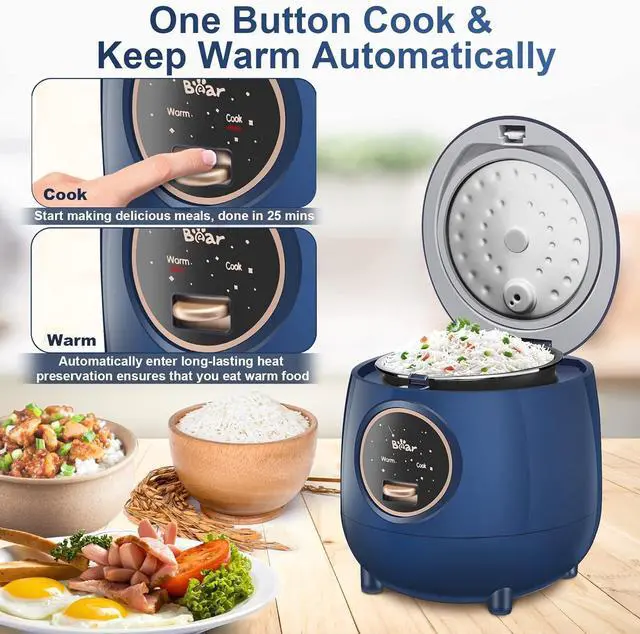 Alt view image 4 of 7 - Bear Mini Rice Cooker 2 Cups Uncooked, 1.2L Portable Non-Stick Small Travel Rice Cooker, BPA Free, One Button to Cook and Keep Warm Function, Blue