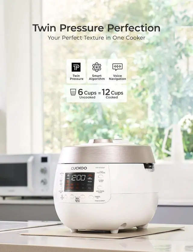 Alt view image 2 of 7 - CUCKOO CRP-RT0609FW 6-Cup (Uncooked) / 12-Cup (Cooked) Twin Pressure Rice Cooker & Warmer with Nonstick Inner Pot, 14 Menu Options, Safe Steam Release, 3 Voice Guide, Auto Clean (White)