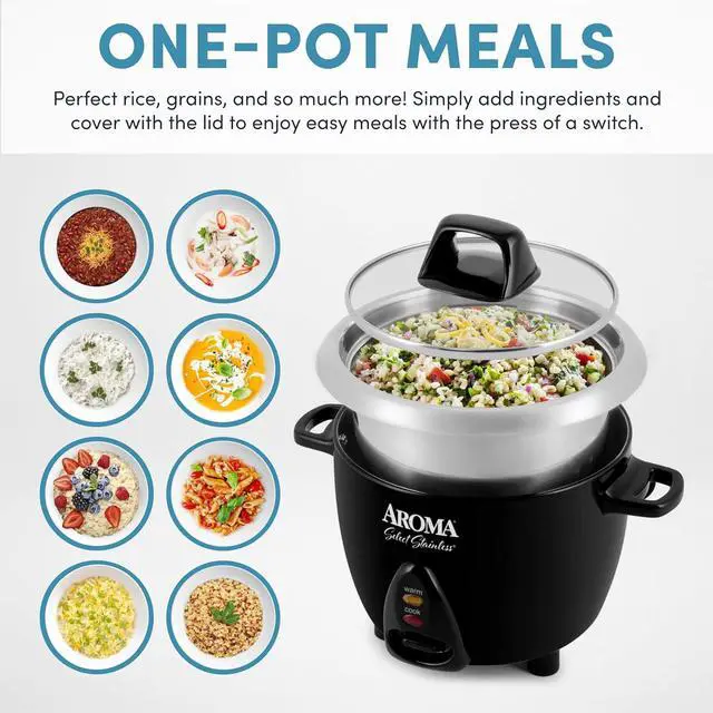 Alt view image 2 of 7 - Aroma Housewares Select Stainless Rice Cooker & Warmer with Uncoated Inner Pot, 3-Cup(uncooked)/6-Cup(cooked)/ 1.2Qt, ARC-753SGB, Black