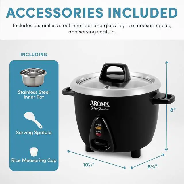 Alt view image 4 of 7 - Aroma Housewares Select Stainless Rice Cooker & Warmer with Uncoated Inner Pot, 3-Cup(uncooked)/6-Cup(cooked)/ 1.2Qt, ARC-753SGB, Black