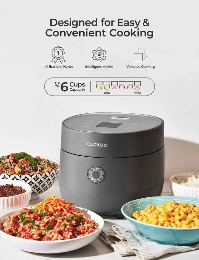 Alt view image 2 of 7 - CUCKOO Rice Cooker 6 Cup Uncooked / 12 Cup Cooked, Modern Fuzzy Logic Rice Cooker Small with Delay Timer & Keep Warm Setting, Versatile Food Steamer for Cooking, Non-Stick Inner Pot, Gray (CR-0675FG)