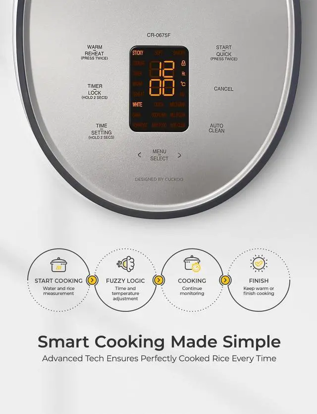Alt view image 4 of 7 - CUCKOO Rice Cooker 6 Cup Uncooked / 12 Cup Cooked, Modern Fuzzy Logic Rice Cooker Small with Delay Timer & Keep Warm Setting, Versatile Food Steamer for Cooking, Non-Stick Inner Pot, Gray (CR-0675FG)