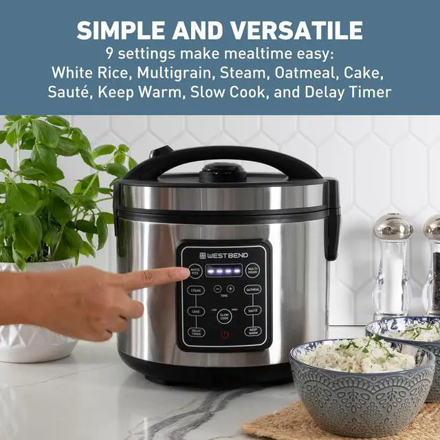 Alt view image 3 of 7 - West Bend Rice & Grain Multi Cooker Programmable with 9 Preset Functions, Features Delay Start and Keep Warm Functions and Steam Basket, 20 Cups Cooked, Stainless Steel