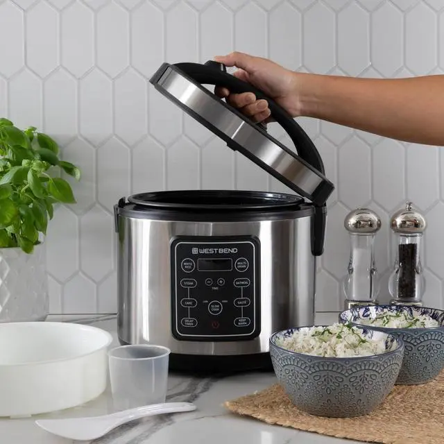 Alt view image 7 of 7 - West Bend Rice & Grain Multi Cooker Programmable with 9 Preset Functions, Features Delay Start and Keep Warm Functions and Steam Basket, 20 Cups Cooked, Stainless Steel