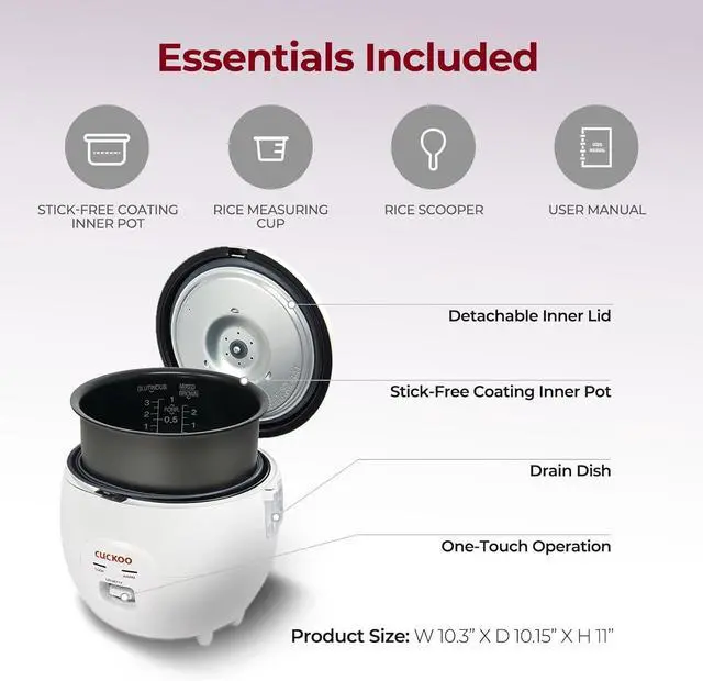 Alt view image 2 of 7 - Cuckoo CR-0671V Basic Electric Small Rice Cooker & Warmer, 6 cups, with 3 Heating Areas, Rice Spatula, Drain Dish, Detachable Inner Lid, Rubber Gasket, and Non-Stick Coated Aluminum Inner Pot