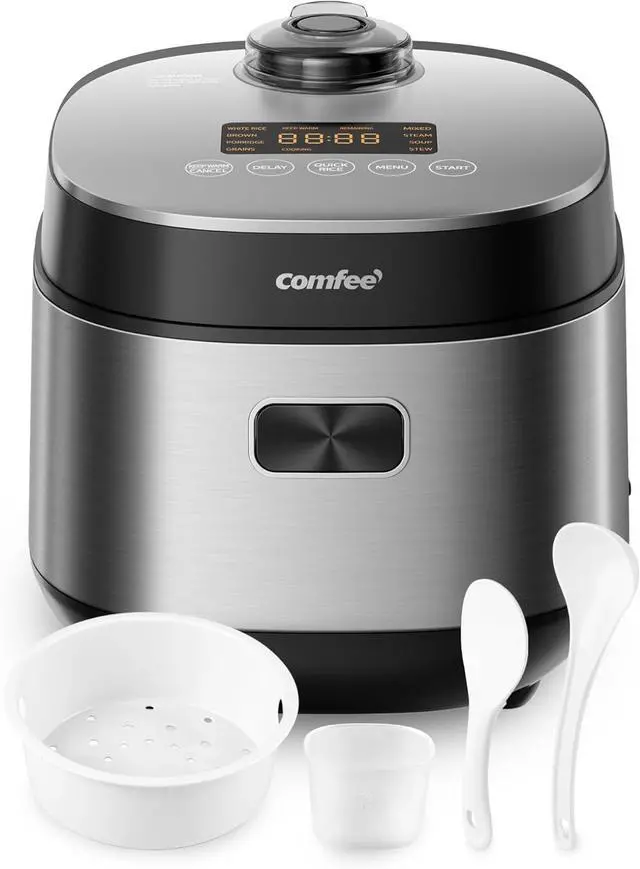 Main image of COMFEE' Compact Rice Cooker 8 Cups Cooked/4 Cups Uncooked, 9-in-1 Multi Cooker, Fast Rice Maker, Steam, Brown Rice, Grains, Fuzzy Logic Technology, Grey