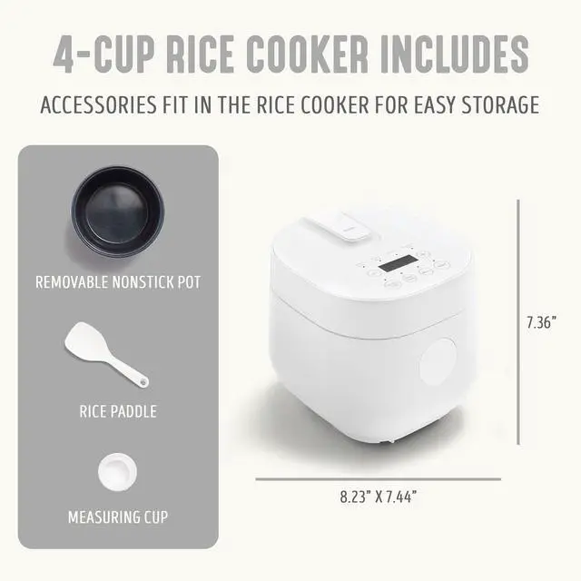 Alt view image 2 of 7 - GreenLife Digital Rice Cooker, 2-Cups Uncooked/4-Cups Cooked, Removable Nonstick Ceramic PFAS-Free Pot, One-Touch Presets, Oats, Quinoa, Brown Rice, Auto Keep Warm, Fuzzy Logic Tech, 1.5 QT, White