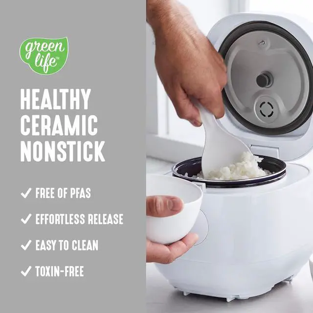 Alt view image 3 of 7 - GreenLife Digital Rice Cooker, 2-Cups Uncooked/4-Cups Cooked, Removable Nonstick Ceramic PFAS-Free Pot, One-Touch Presets, Oats, Quinoa, Brown Rice, Auto Keep Warm, Fuzzy Logic Tech, 1.5 QT, White