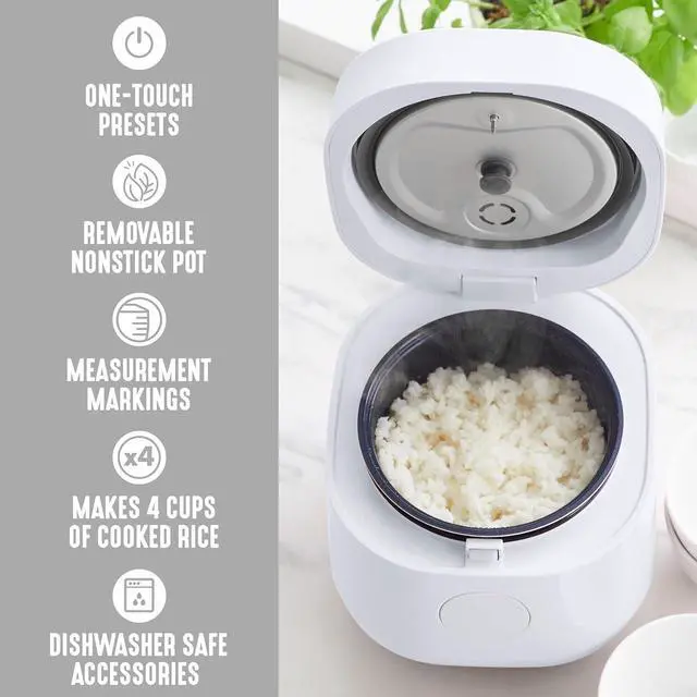 Alt view image 4 of 7 - GreenLife Digital Rice Cooker, 2-Cups Uncooked/4-Cups Cooked, Removable Nonstick Ceramic PFAS-Free Pot, One-Touch Presets, Oats, Quinoa, Brown Rice, Auto Keep Warm, Fuzzy Logic Tech, 1.5 QT, White