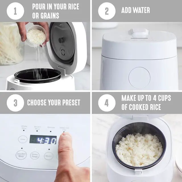 Alt view image 6 of 7 - GreenLife Digital Rice Cooker, 2-Cups Uncooked/4-Cups Cooked, Removable Nonstick Ceramic PFAS-Free Pot, One-Touch Presets, Oats, Quinoa, Brown Rice, Auto Keep Warm, Fuzzy Logic Tech, 1.5 QT, White