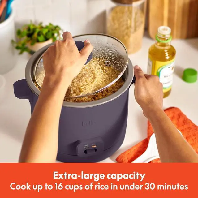 Alt view image 2 of 7 - bella 16 Cup Rice Cooker with Steamer, Dishwasher Safe Steaming Basket, Rice Paddle and Measuring Cup, Removable Nonstick Cooking Bowl, Automatic Keep Warm Function, 400 Watt, Plum