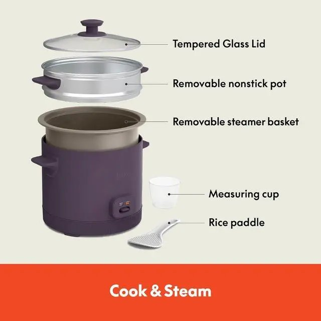 Alt view image 3 of 7 - bella 16 Cup Rice Cooker with Steamer, Dishwasher Safe Steaming Basket, Rice Paddle and Measuring Cup, Removable Nonstick Cooking Bowl, Automatic Keep Warm Function, 400 Watt, Plum